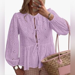 Lilac Purple Babydoll Eyelet Top | Long Sleeve & Tie Front | Cotton | L | New